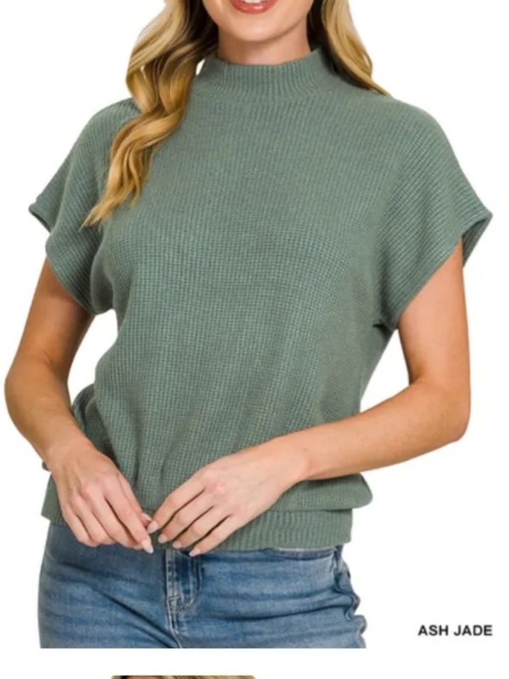 Zenana Waffle Knit Mock Neck Short Sleeve Sweater Top
